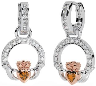 Diamond Citrine Rose Gold Silver Claddagh Dangle Earrings