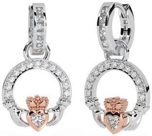Diamond Rose Gold Silver Claddagh Dangle Earrings