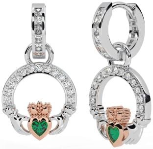 Diamond Emerald Rose Gold Silver Claddagh Dangle Earrings