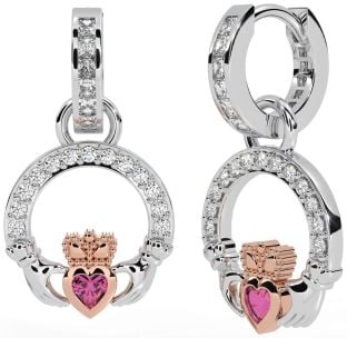 Diamond Pink Tourmaline Rose Gold Silver Claddagh Dangle Earrings