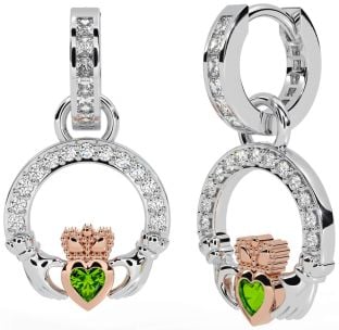 Diamond Peridot Rose Gold Silver Claddagh Dangle Earrings