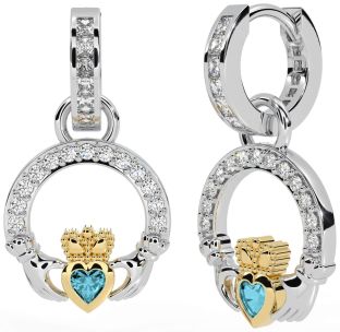 Diamond Aquamarine Gold Silver Claddagh Dangle Earrings