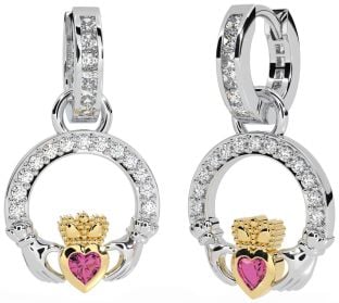 Diamond Pink Tourmaline Gold Silver Claddagh Dangle Earrings