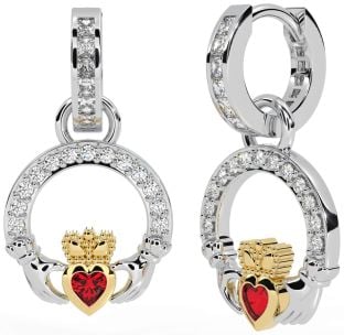 Diamond Ruby Gold Silver Claddagh Dangle Earrings