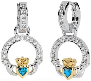 Diamond Topaz Gold Silver Claddagh Dangle Earrings