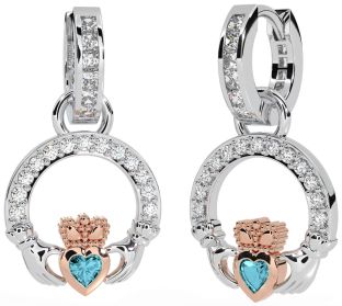 Diamond Aquamarine White Rose Gold Claddagh Dangle Earrings
