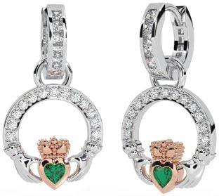 Diamond Alexandrite White Rose Gold Claddagh Dangle Earrings