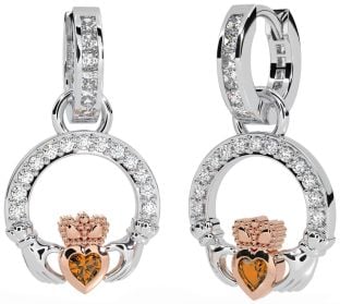 Diamond Citrine White Rose Gold Claddagh Dangle Earrings