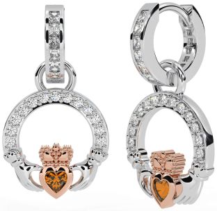 Diamond Citrine White Rose Gold Claddagh Dangle Earrings