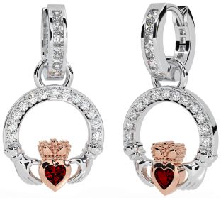 Diamond Garnet White Rose Gold Claddagh Dangle Earrings