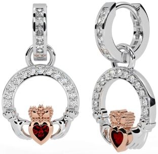 Diamante Granato Bianco Rosa Oro Claddagh Penzolare Orecchini