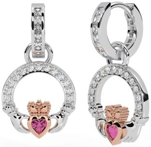 Diamond Pink Tourmaline White Rose Gold Claddagh Dangle Earrings