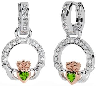 Diamond Peridot White Rose Gold Claddagh Dangle Earrings