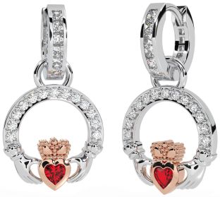 Diamond Ruby White Rose Gold Claddagh Dangle Earrings