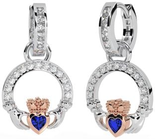 Diamond Sapphire White Rose Gold Claddagh Dangle Earrings