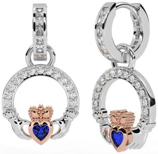 Diamond Sapphire White Rose Gold Claddagh Dangle Earrings