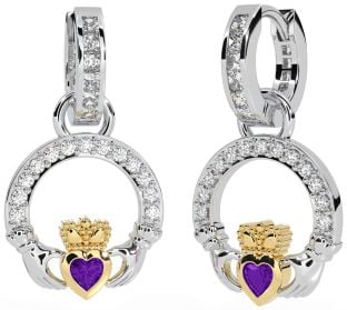 Diamond Amethyst White Yellow Gold Claddagh Dangle Earrings