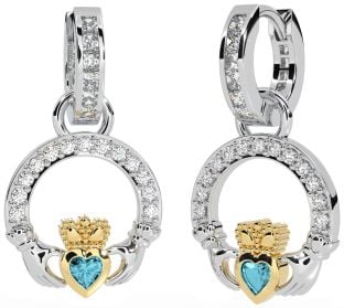 Diamond Aquamarine White Yellow Gold Claddagh Dangle Earrings