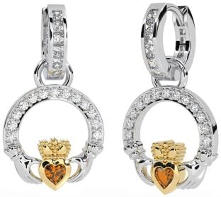 Diamond Citrine White Yellow Gold Claddagh Dangle Earrings