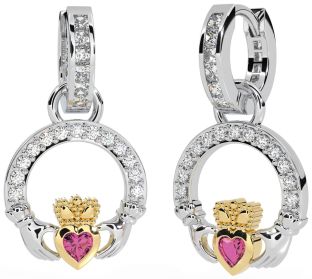 Diamond Pink Tourmaline White Yellow Gold Claddagh Dangle Earrings