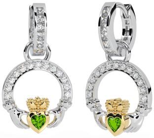 Diamond Peridot White Yellow Gold Claddagh Dangle Earrings