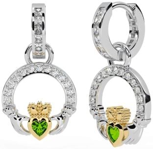 Diamond Peridot White Yellow Gold Claddagh Dangle Earrings