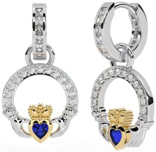 Diamond Sapphire White Yellow Gold Claddagh Dangle Earrings