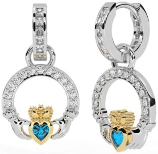 Diamond Topaz White Yellow Gold Claddagh Dangle Earrings