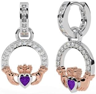 Diamond Amethyst Rose Gold Silver Claddagh Dangle Earrings