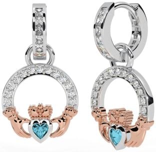 Diamond Aquamarine Rose Gold Silver Claddagh Dangle Earrings