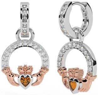 Diamond Citrine Rose Gold Silver Claddagh Dangle Earrings