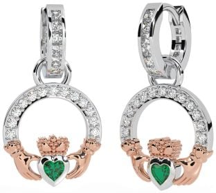 Diamond Emerald Rose Gold Silver Claddagh Dangle Earrings