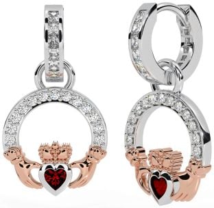 Diamond Garnet Rose Gold Silver Claddagh Dangle Earrings