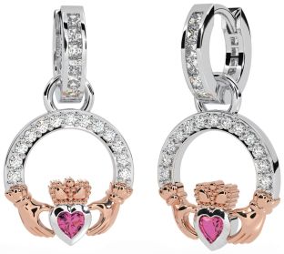 Diamond Pink Tourmaline Rose Gold Silver Claddagh Dangle Earrings