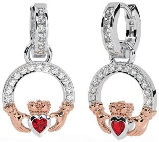 Diamond Ruby Rose Gold Silver Claddagh Dangle Earrings