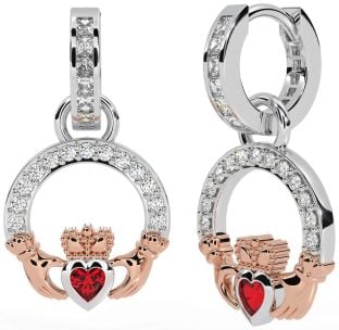 Diamond Ruby Rose Gold Silver Claddagh Dangle Earrings