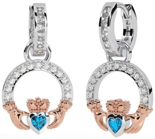 Diamond Topaz Rose Gold Silver Claddagh Dangle Earrings