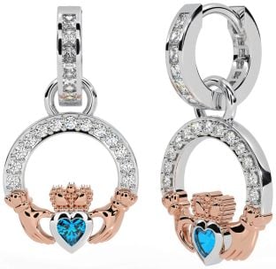 Diamond Topaz Rose Gold Silver Claddagh Dangle Earrings