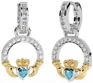Diamond Aquamarine Gold Silver Claddagh Dangle Earrings