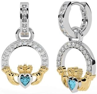 Diamond Aquamarine Gold Silver Claddagh Dangle Earrings