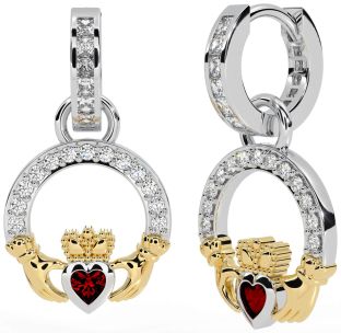 Diamond Garnet Gold Silver Claddagh Dangle Earrings