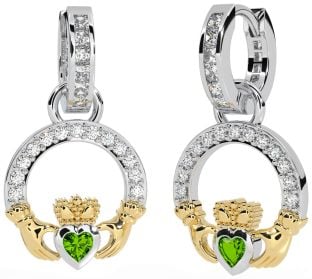 Diamond Peridot Gold Silver Claddagh Dangle Earrings