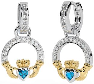 Diamond Topaz Gold Silver Claddagh Dangle Earrings