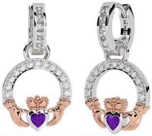 Diamond Amethyst White Rose Gold Claddagh Dangle Earrings