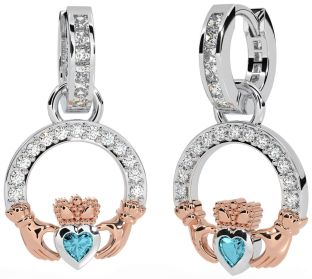 Diamond Aquamarine White Rose Gold Claddagh Dangle Earrings