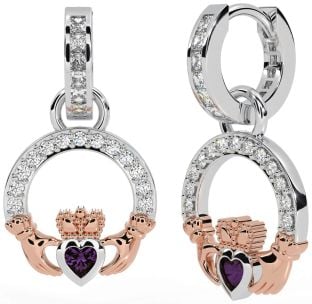 Diamond Alexandrite White Rose Gold Claddagh Dangle Earrings