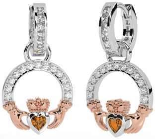 Diamond Citrine White Rose Gold Claddagh Dangle Earrings