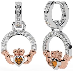 Diamond Citrine White Rose Gold Claddagh Dangle Earrings