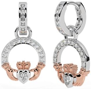 Diamond White Rose Gold Claddagh Dangle Earrings