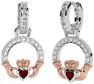 Diamond Garnet White Rose Gold Claddagh Dangle Earrings